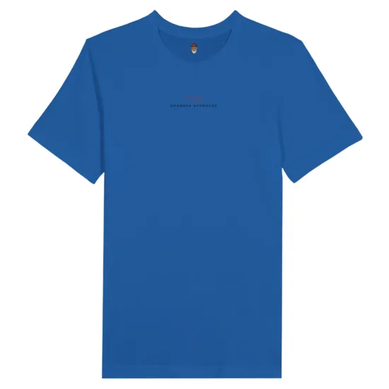 A photo of the back in my day tee in royal blue